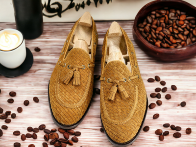 Handmade New Stylish Woven Pure Leather Tan Color Tussle Loafer Men's Designer Shoes