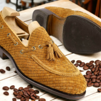 Handmade New Stylish Woven Pure Leather Tan Color Tussle Loafer Men's Designer Shoes - Thumbnail 3