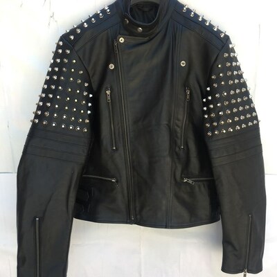 Handmade men's black silver studded brando biker jacket - Thumbnail 5
