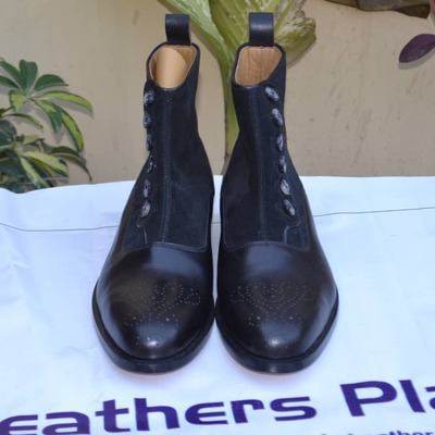 Black Calf and Black Suede Leather Ankle High Button Boot