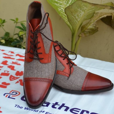 Classic Brown Leather and Tweed Contrast Ankle Lace up Boot