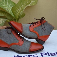 Classic Brown Leather and Tweed Contrast Ankle Lace up Boot - Thumbnail 1