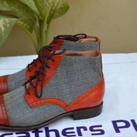 Classic Brown Leather and Tweed Contrast Ankle Lace up Boot - Thumbnail 2