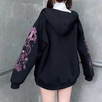 Black Skull Sword Print Zip Up Hoodie - Thumbnail 1