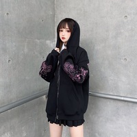 Black Skull Sword Print Zip Up Hoodie - Thumbnail 5