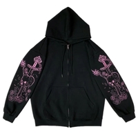 Black Skull Sword Print Zip Up Hoodie - Thumbnail 8