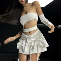 White Hollow Out Drawstring Strapless Mini Dress  - Thumbnail 1