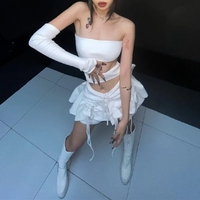 White Hollow Out Drawstring Strapless Mini Dress  - Thumbnail 4