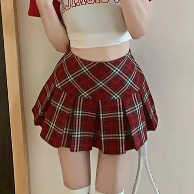 Red plaid pleated mini skirt 