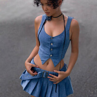 Blue Denim Button Vest + Pleated Mini Skirt  - Thumbnail 4
