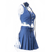 Blue Denim Button Vest + Pleated Mini Skirt  - Thumbnail 6