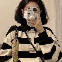 Black & White Stripe Polo Collar Sweatshirt  - Thumbnail 1