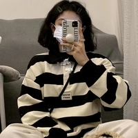 Black & White Stripe Polo Collar Sweatshirt  - Thumbnail 2