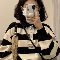 Black & White Stripe Polo Collar Sweatshirt  - Thumbnail 5