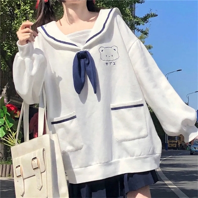 Sailor Bear Cartoon Oversized Collar Sweatshirt 