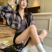 Pink & Black Plaid Cropped Long Sleeve Shirt  - Thumbnail 2