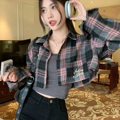 Pink & black plaid cropped long sleeve shirt 