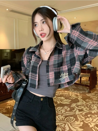 Pink & Black Plaid Cropped Long Sleeve Shirt 