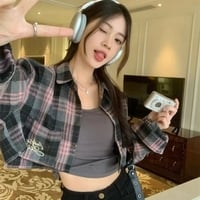 Pink & Black Plaid Cropped Long Sleeve Shirt  - Thumbnail 3