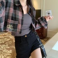 Pink & Black Plaid Cropped Long Sleeve Shirt  - Thumbnail 8