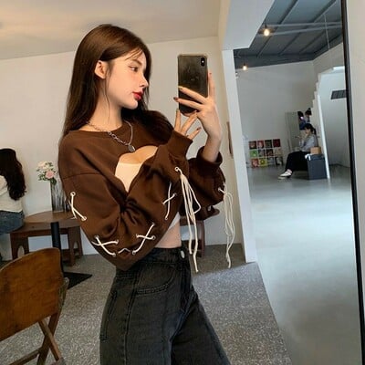 Brown lace up crop top - Thumbnail 1