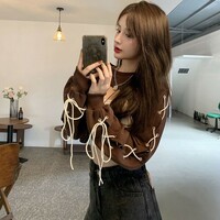 Brown Lace Up Crop Top - Thumbnail 1