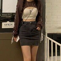 Brown Lace Up Crop Top - Thumbnail 2