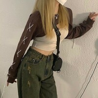 Brown Lace Up Crop Top - Thumbnail 6