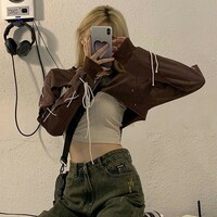 Brown Lace Up Crop Top - Thumbnail 7