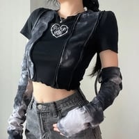 Black & Grey Patchwork Crop Top with Sleeve  - Thumbnail 1