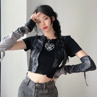 Black & Grey Patchwork Crop Top with Sleeve  - Thumbnail 4