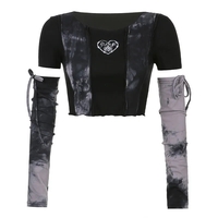 Black & Grey Patchwork Crop Top with Sleeve  - Thumbnail 6