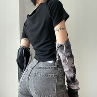 Black & Grey Patchwork Crop Top with Sleeve  - Thumbnail 5