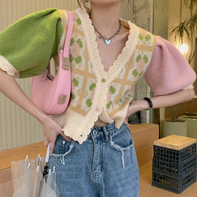 Pastel Flower Patchwork Knit Puff Sleeve Blouse