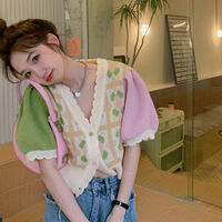 Pastel Flower Patchwork Knit Puff Sleeve Blouse - Thumbnail 2