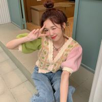 Pastel Flower Patchwork Knit Puff Sleeve Blouse - Thumbnail 3