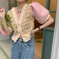 Pastel Flower Patchwork Knit Puff Sleeve Blouse - Thumbnail 4