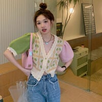 Pastel Flower Patchwork Knit Puff Sleeve Blouse - Thumbnail 5