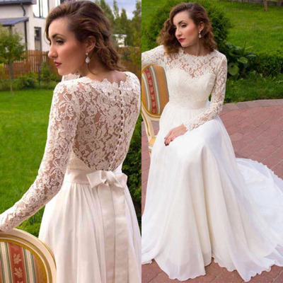 Bridal gown wedding dresses with sleeves chiffon lace - Thumbnail 1