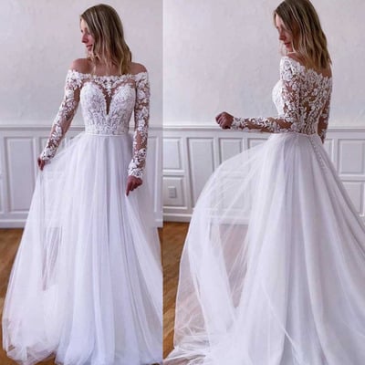 Bateau wedding dresses bridal gown with sleeves appliques lace - Thumbnail 1