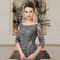 Elegant 3/4 Sleeves Boat Neck Pleat Lace Beaded Mother of Bride /Groom Dress For Women Custom Made - Thumbnail 1