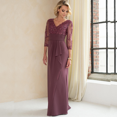 Elegant 3/4 Sleeves Floor Length Appliques Lace Mother Of Bride/ Groom Gown For Wedding Party Beaded Chiffon Evening Prom Dress