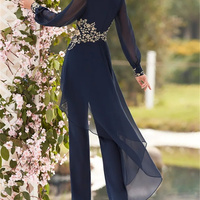 Pantsuit / Jumpsuit Mother of the Bride/Groom Dress Elegant V Neck Floor Length Chiffon Lace Long Sleeve with Appliques - Thumbnail 1