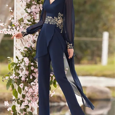 Pantsuit / jumpsuit mother of the bride/groom dress elegant v neck floor length chiffon lace long sleeve with appliques