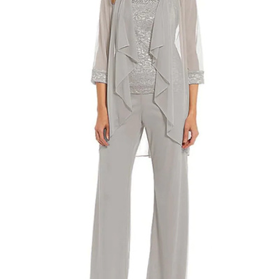 Two piece pantsuit mother of the bride/groom dress elegant scoop neck floor length chiffon lace sleeveless with beading ruffles