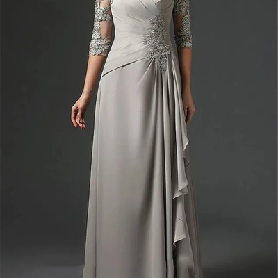 Sheath mother of the bride/groom dress elegant square neck floor length chiffon lace half sleeve with ruching wedding guest dresses