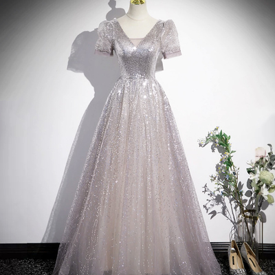 Shiny tulle sequins long a-line prom dress - Thumbnail 1