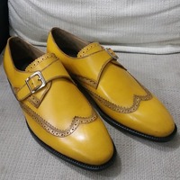 Bespoke Handmade Classic Yellow Leather Wingtip Style Single Monk Strap Dress Shoes - Thumbnail 2