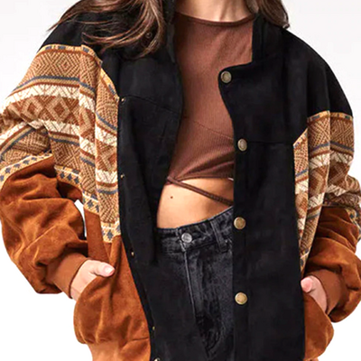 Boho tribal fleece jacket in brown