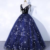 Beautiful Navy Blue Tulle Long Prom Dress, Spaghetti Straps Lace Flower Sleeveless Backless Formal Dress - Thumbnail 2